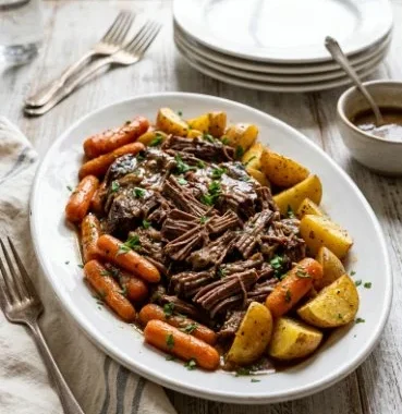 Delicious old-fashioned pot roast with potatoes and carrots in a serving dish