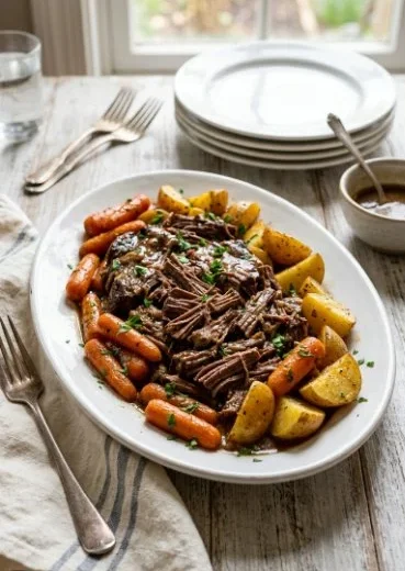Delicious old-fashioned pot roast with potatoes and carrots in a serving dish