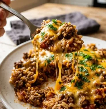 One Pan Cheeseburger Rice 1 One Pan Cheeseburger Rice prepared in a skillet with melted cheese and ground beef.