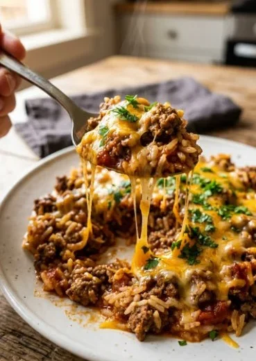 One Pan Cheeseburger Rice prepared in a skillet with melted cheese and ground beef.