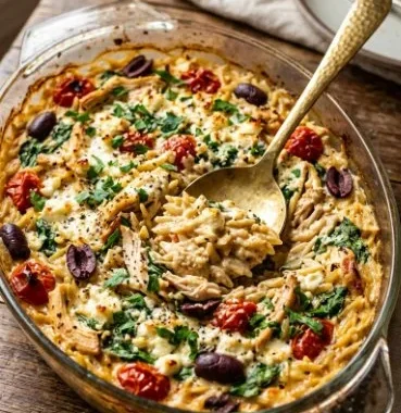One-Pan Greek Chicken and Orzo (Dump and Bake!) 2 One-Pan Greek Chicken and Orzo dish served in a baking pan