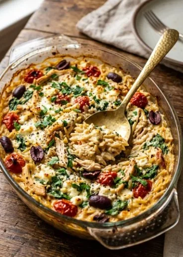 One-Pan Greek Chicken and Orzo dish served in a baking pan
