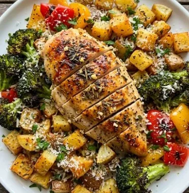 One Pan Roasted Garlic Parmesan Chicken with vibrant veggies