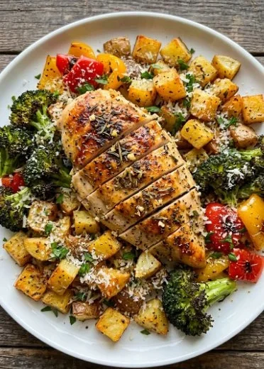 One Pan Roasted Garlic Parmesan Chicken with vibrant veggies