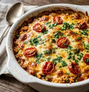 Delicious oven-baked rice served in a bowl with herbs