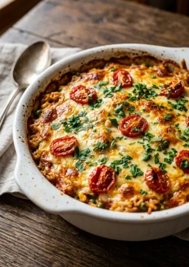 Delicious oven-baked rice served in a bowl with herbs