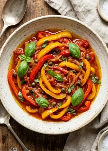 Delicious Pepper Stew served in a bowl with fresh herbs on top