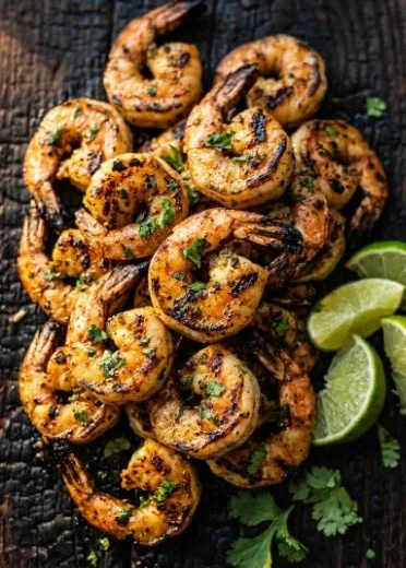 Perfectly grilled cilantro lime shrimp on a platter