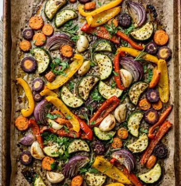 Perfect Oven-Roasted Vegetables 2 Colorful assortment of perfectly oven-roasted vegetables on a plate