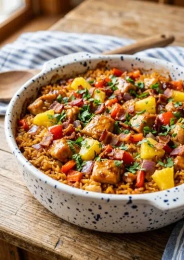 Delicious Pineapple Chicken Rice Casserole baked in a dish topped with pineapple chunks.