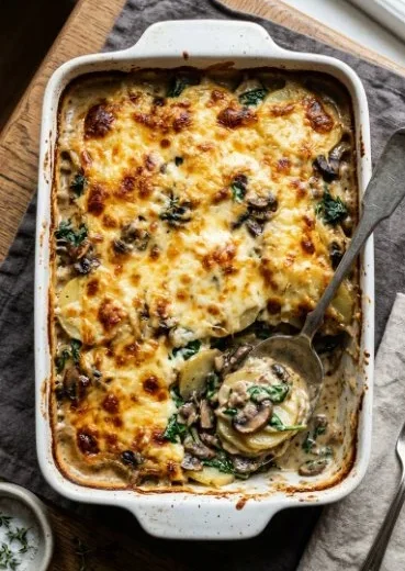 A hearty potatoes and mushrooms one-dish meal served in a rustic bowl.
