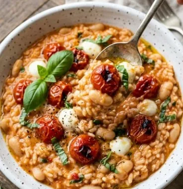Delicious roasted tomato and white bean risotto served in a bowl