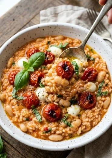 Delicious roasted tomato and white bean risotto served in a bowl
