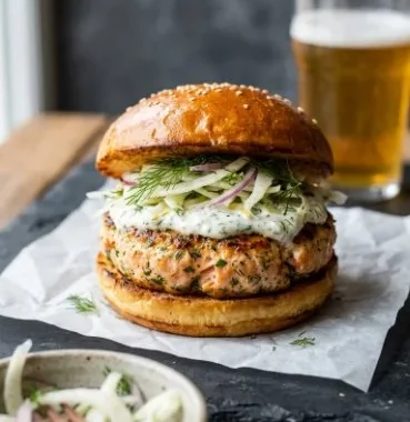 Delicious salmon burgers topped with lemon slices ready to serve.