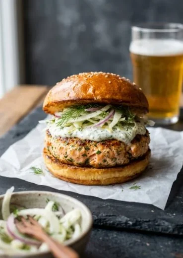 Delicious salmon burgers topped with lemon slices ready to serve.