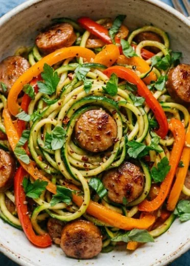 Delicious sausage and peppers served over zucchini noodles in a bowl