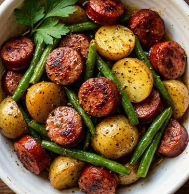 Sausage Green Bean Potato Casserole served in a baking dish