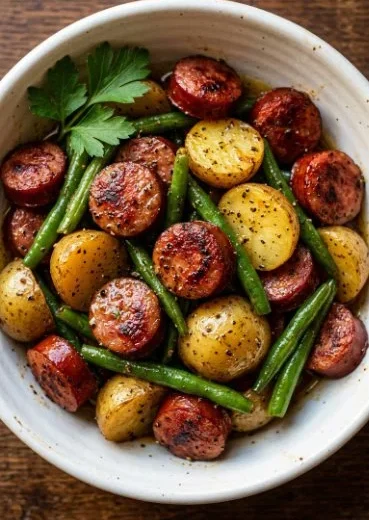 Sausage Green Bean Potato Casserole served in a baking dish