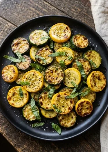 Plate of sautéed zucchini and squash garnished with herbs