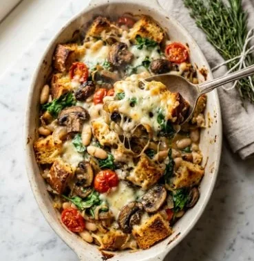 Savory bread pudding served with herbs and spices
