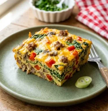 Savory Breakfast Sausage and Cheese Casserole 1 Savory breakfast casserole with sausage and cheese fresh from the oven