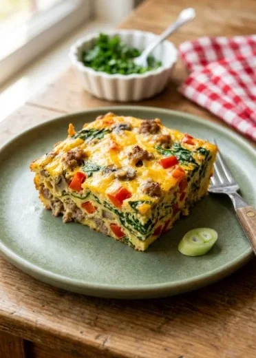 Savory breakfast casserole with sausage and cheese fresh from the oven
