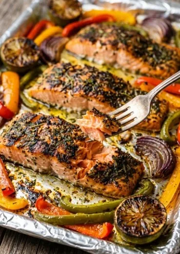 Sheet pan salmon with bell peppers and onion ready to serve