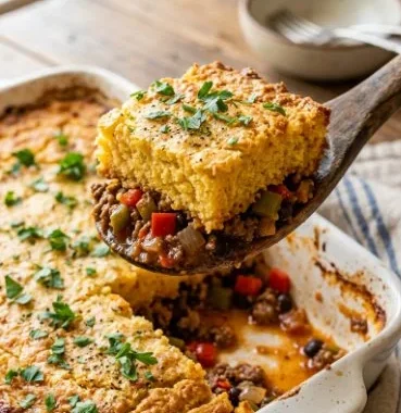 Sloppy Joe Cornbread Casserole 2 Sloppy Joe Cornbread Casserole served in a dish with a garnish