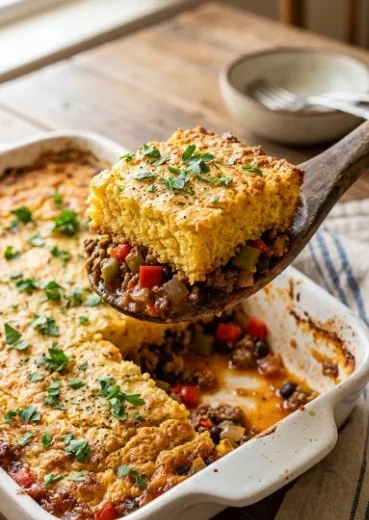 Sloppy Joe Cornbread Casserole served in a dish with a garnish