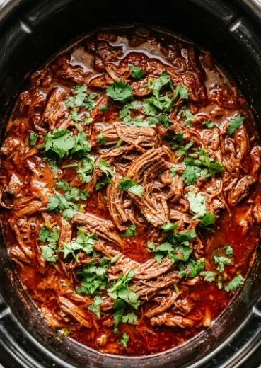 Delicious Slow Cooker Birria served in a bowl with toppings