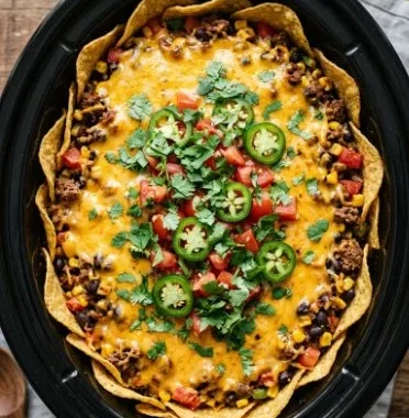 Slow Cooker Taco Casserole 2 Delicious slow cooker taco casserole topped with cheese and garnished with cilantro.