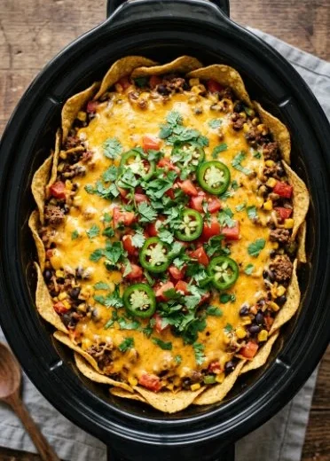 Delicious slow cooker taco casserole topped with cheese and garnished with cilantro.