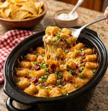 Delicious Slow Cooker Tater Tot Cowboy Casserole topped with crispy tater tots