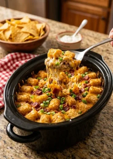 Delicious Slow Cooker Tater Tot Cowboy Casserole topped with crispy tater tots