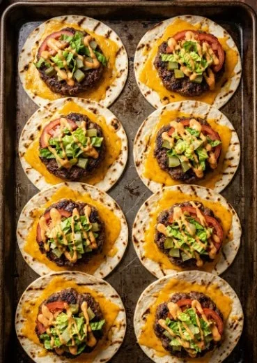 Delicious Smashed Cheeseburger Tacos served with toppings.
