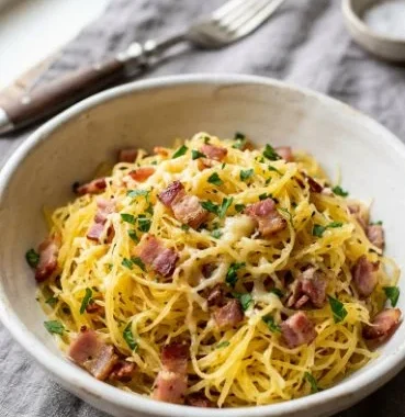 Delicious Spaghetti Squash Keto Carbonara served in a bowl