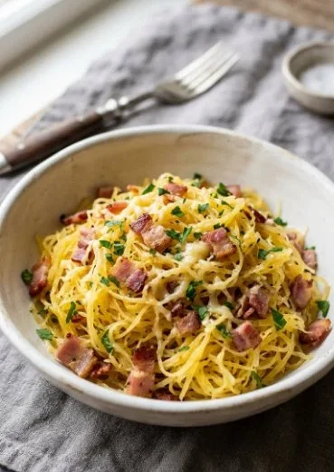 Delicious Spaghetti Squash Keto Carbonara served in a bowl