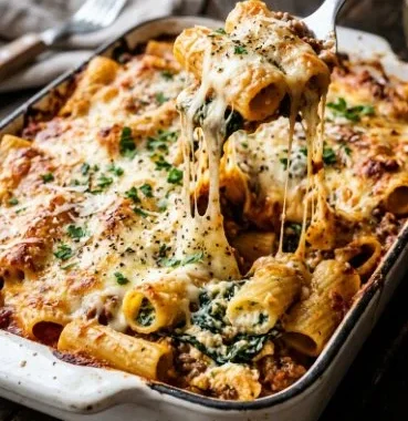 Creamy Spinach Ricotta Pasta Bake served in a rustic dish
