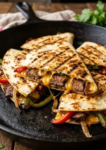 Delicious steak fajita quesadillas with peppers and cheese