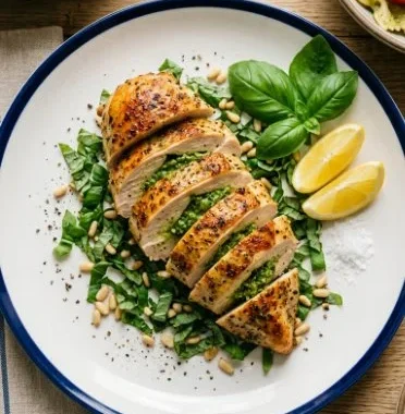 Stuffed Chicken Breasts with Pesto and Cheese 2 Stuffed chicken breasts with pesto and cheese on a plate