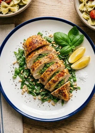 Stuffed chicken breasts with pesto and cheese on a plate