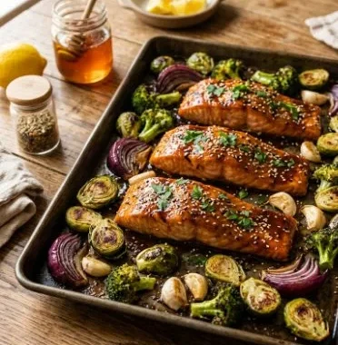 Sweet Heat Salmon with Crispy Brussels 2 Plate of Sweet Heat Salmon served with crispy Brussels sprouts.
