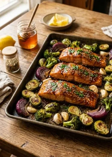 Plate of Sweet Heat Salmon served with crispy Brussels sprouts.