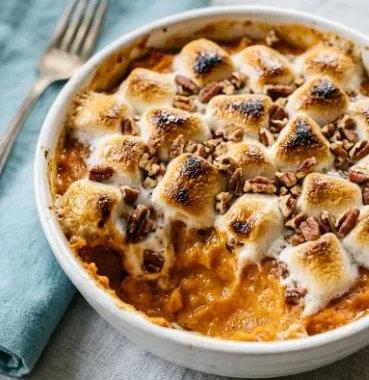 Sweet Potato Pineapple Casserole 1 Sweet Potato Pineapple Casserole topped with crunchy pecans and marshmallows
