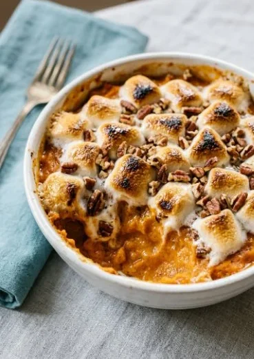 Sweet Potato Pineapple Casserole topped with crunchy pecans and marshmallows