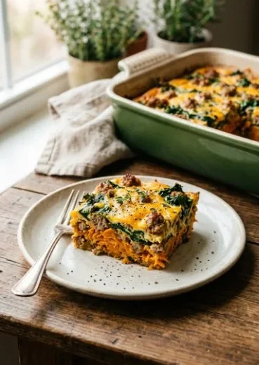 Sweet Potato & Sausage Breakfast Bake recipe showcasing a hearty breakfast dish.