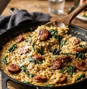 The Best Creamy Chicken Sausage Orzo Skillet 1 Creamy chicken sausage orzo skillet garnished with herbs in a pan