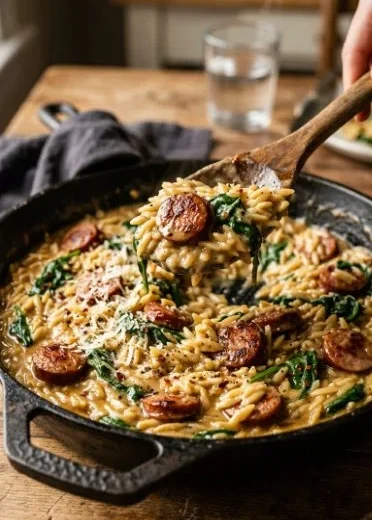Creamy chicken sausage orzo skillet garnished with herbs in a pan