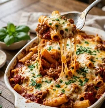 Delicious Italian sausage pasta bake with cheese and herbs