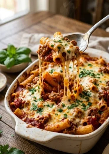 Delicious Italian sausage pasta bake with cheese and herbs